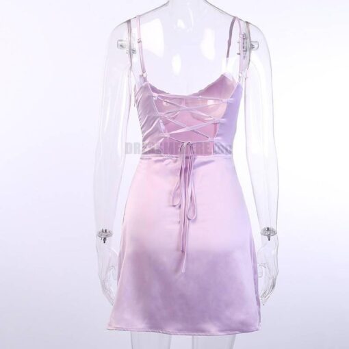 Satin Tulip Hem Mini Spaghetti Straps High Waist Dress SATIN TULIP HEM MINI DRESSES color: Pink|Purple