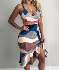 Sexy Summer Trumpet Patchwork V-Neck Print Asymmetrical Hem Dress SEXY SUMMER DRESSESES Color: Multi Size: S 