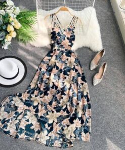 Spaghetti Strap Summer Floral Print Long Dress SPAGHETTI STRAP SUMMER DRESSESES color: Black|Navy Blue|Pink|Red 