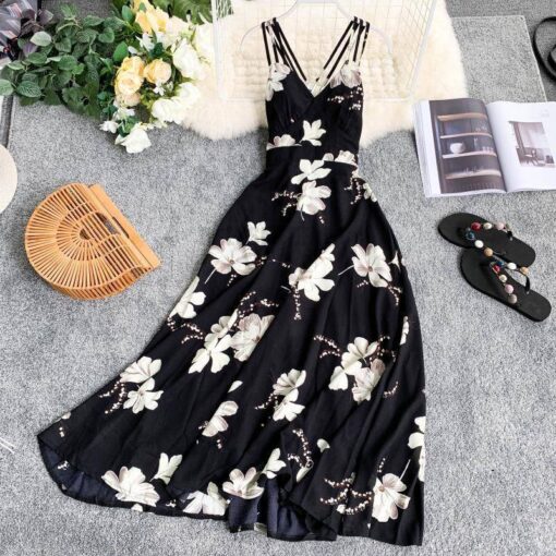 Spaghetti Strap Summer Floral Print Long Dress SPAGHETTI STRAP SUMMER DRESSESES color: Black|Navy Blue|Pink|Red