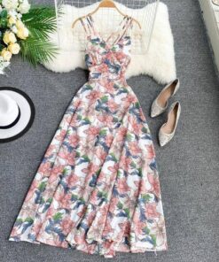 Spaghetti Strap Summer Floral Print Long Dress SPAGHETTI STRAP SUMMER DRESSESES color: Black|Navy Blue|Pink|Red 