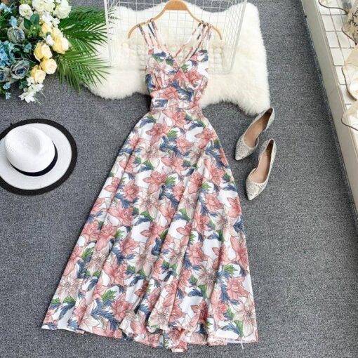 Spaghetti Strap Summer Floral Print Long Dress SPAGHETTI STRAP SUMMER DRESSESES color: Black|Navy Blue|Pink|Red