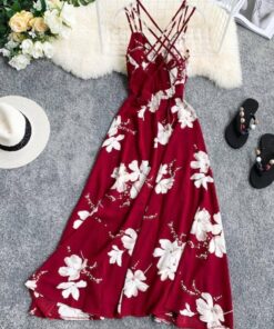 Spaghetti Strap Summer Floral Print Long Dress SPAGHETTI STRAP SUMMER DRESSESES Color: Red Size: M 