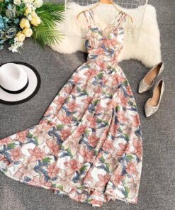 Spaghetti Strap Summer Floral Print Long Dress SPAGHETTI STRAP SUMMER DRESSESES Color: Pink Size: L 