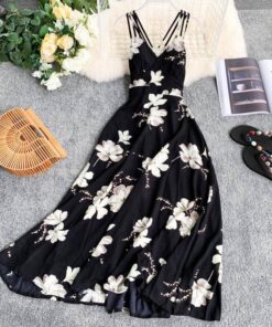 Spaghetti Strap Summer Floral Print Long Dress SPAGHETTI STRAP SUMMER DRESSESES Color: Black Size: L 