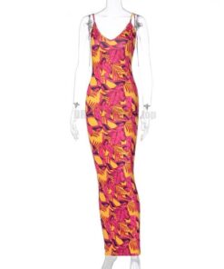 Best Bodycon Colorful Print Maxi Sleeveless Dress BEST BODYCON DRESSES Color: Rose Red Size: S 