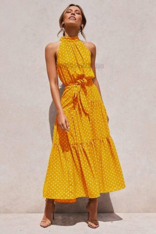 Daytime Summer Long Polka Dot Dress DAYTIME DRESSES color: Beige|Black|Brown|dark blue|Dark Red|Green|Red|Red 100 Polyester|Royal Blue|Yellow|Yellow 100 Polyester