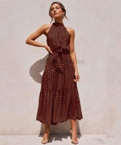 Daytime Summer Long Polka Dot Dress DAYTIME DRESSES Color: Brown Size: XL 