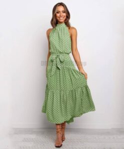 Daytime Summer Long Polka Dot Dress DAYTIME DRESSES Color: Green Size: M 