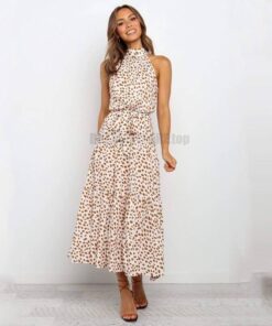 Daytime Summer Long Polka Dot Dress DAYTIME DRESSES Color: Beige Size: XL 