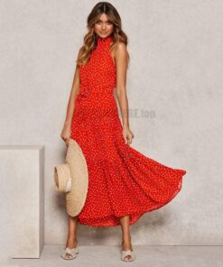 Daytime Summer Long Polka Dot Dress DAYTIME DRESSES Color: Red Size: XL 