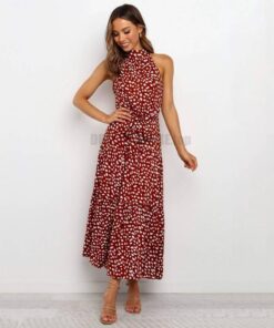 Daytime Summer Long Polka Dot Dress DAYTIME DRESSES Color: Dark Red Size: M 