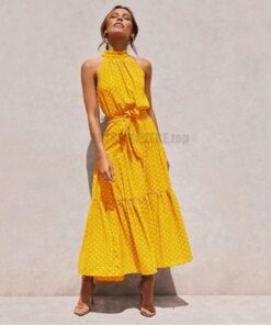Daytime Summer Long Polka Dot Dress DAYTIME DRESSES Color: Yellow Size: XL 