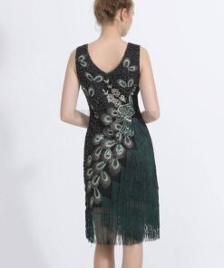 Flapper Vintage Peacock Embroidery Fringe Dress FLAPPER DRESSES color: Army green|Black|Royal Blue|Wine 