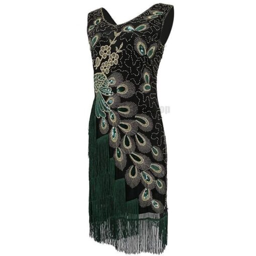 Flapper Vintage Peacock Embroidery Fringe Dress FLAPPER DRESSES color: Army green|Black|Royal Blue|Wine