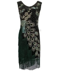Flapper Vintage Peacock Embroidery Fringe Dress FLAPPER DRESSES color: Army green|Black|Royal Blue|Wine