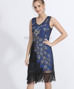 Flapper Vintage Peacock Embroidery Fringe Dress FLAPPER DRESSES Color: Royal Blue Size: L 