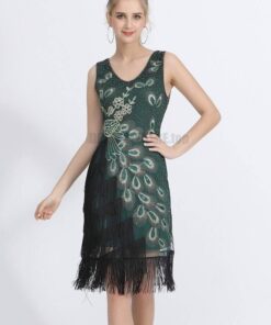 Flapper Vintage Peacock Embroidery Fringe Dress FLAPPER DRESSES Color: Army green Size: S 