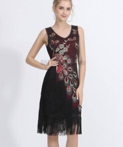 Flapper Vintage Peacock Embroidery Fringe Dress FLAPPER DRESSES Color: Wine Size: L 