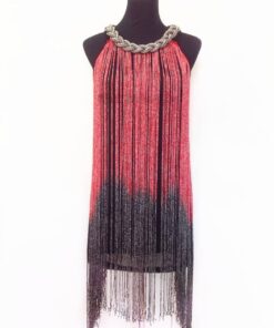 Flapper Metal Chain Halter Fringe Dress FLAPPER DRESSES Color: red with black Size: One Size 