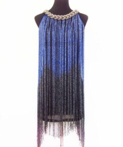 Flapper Metal Chain Halter Fringe Dress FLAPPER DRESSES Color: blue with black Size: One Size 