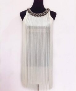 Flapper Metal Chain Halter Fringe Dress FLAPPER DRESSES Color: pure white Size: One Size 