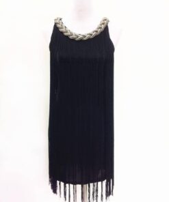 Flapper Metal Chain Halter Fringe Dress FLAPPER DRESSES Color: pure black Size: One Size 
