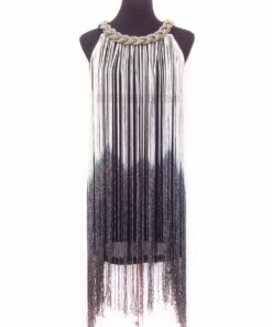 Flapper Metal Chain Halter Fringe Dress FLAPPER DRESSES Color: white with black Size: One Size 