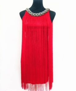 Flapper Metal Chain Halter Fringe Dress FLAPPER DRESSES Color: pure red Size: One Size 