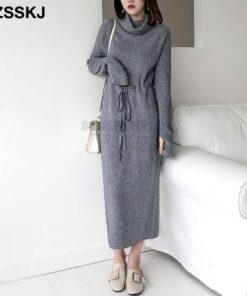 Thumb Hole Autumn Winter Turtleneck Long Sweater Dress THUMB HOLE DRESSES color: Beige|Black|Brown|Dark Grey|Khaki|White 