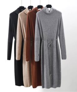 Thumb Hole Autumn Winter Turtleneck Long Sweater Dress THUMB HOLE DRESSES color: Beige|Black|Brown|Dark Grey|Khaki|White 