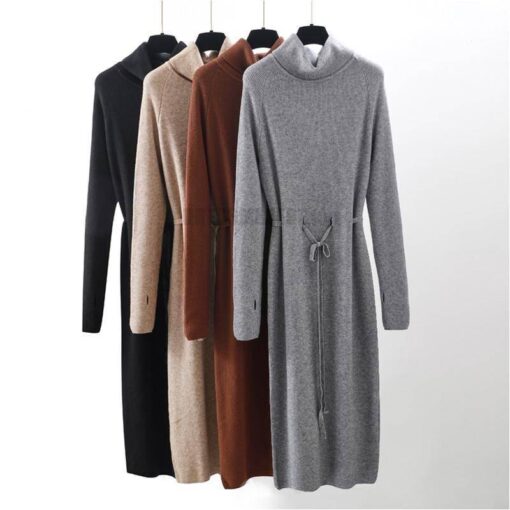 Thumb Hole Autumn Winter Turtleneck Long Sweater Dress THUMB HOLE DRESSES color: Beige|Black|Brown|Dark Grey|Khaki|White