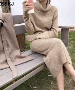 Thumb Hole Autumn Winter Turtleneck Long Sweater Dress THUMB HOLE DRESSES color: Beige|Black|Brown|Dark Grey|Khaki|White 