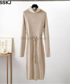 Thumb Hole Autumn Winter Turtleneck Long Sweater Dress THUMB HOLE DRESSES Color: Beige Size: One Size 