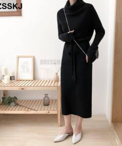 Thumb Hole Autumn Winter Turtleneck Long Sweater Dress THUMB HOLE DRESSES Color: Black Size: One Size 