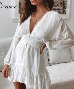 Daytime Deep Plunge V Neck Ruche Ruffle Dress DAYTIME DRESSES Color: White Size: S 