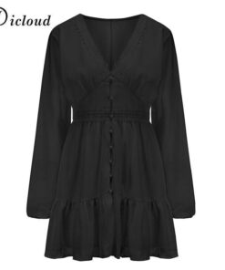 Daytime Deep Plunge V Neck Ruche Ruffle Dress DAYTIME DRESSES Color: Black Size: XL 