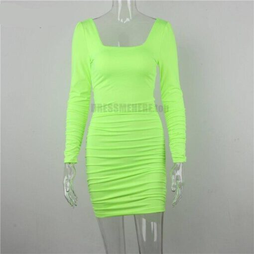 Neon Color Square neck Rushed Dress NEON COLOR DRESSES color: Neon Green|White