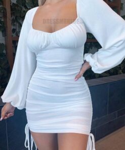 Bodycon Rushed Drawstring Puff Sleeve Mini Dress BEST BODYCON DRESSES color: Black|Light blue|Light pink|Purple|Red|White