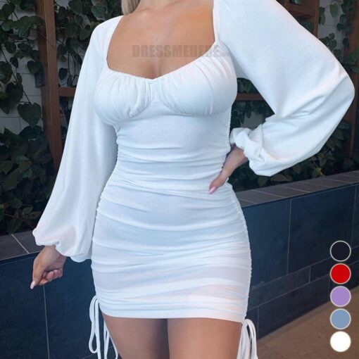 Bodycon Rushed Drawstring Puff Sleeve Mini Dress BEST BODYCON DRESSES color: Black|Light blue|Light pink|Purple|Red|White
