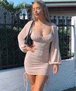 Bodycon Rushed Drawstring Puff Sleeve Mini Dress BEST BODYCON DRESSES Color: Light pink Size: S 
