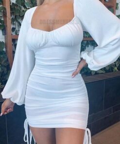 Bodycon Rushed Drawstring Puff Sleeve Mini Dress BEST BODYCON DRESSES Color: White Size: L 