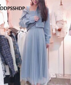 Fashion 2019 Women Dress with Out Wear Apricot Blue Pink Color Two Piece Suit Spring Female Dresses DRESSES FOR WORK Color: Blue Size: L 