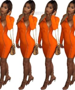 OMSJ 2019 New Fall Dresses For Women Orange Front Zippers Sheath Mini Party Dress Solid Long Sleeve Sexy Club Bodycon Outfits NEON ZIP UP DRESSES color: Orange