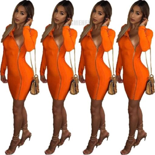OMSJ 2019 New Fall Dresses For Women Orange Front Zippers Sheath Mini Party Dress Solid Long Sleeve Sexy Club Bodycon Outfits NEON ZIP UP DRESSES color: Orange