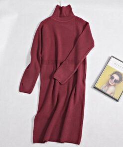 GIGOGOU Thumb Hole Long Knit Women Maxi Sweater Retro Thick Warm Turtleneck Straight Dress Winter Christmas Party Dress Vestido THUMB HOLE DRESSES Color: Wine red Size: One Size 