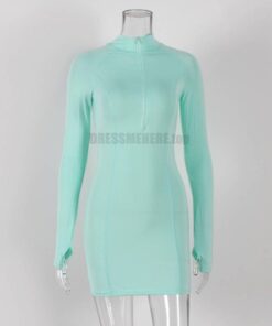 KGFIGU Long Sleeve Bodycon Dress For Women Zipper Casual Red Thumb Hole Mini Vestidos Lady Birthday Outfits Plus Size Shirts THUMB HOLE DRESSES Color: Mint Size: M 