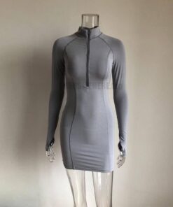 KGFIGU Long Sleeve Bodycon Dress For Women Zipper Casual Red Thumb Hole Mini Vestidos Lady Birthday Outfits Plus Size Shirts THUMB HOLE DRESSES Color: Gray Size: XL 