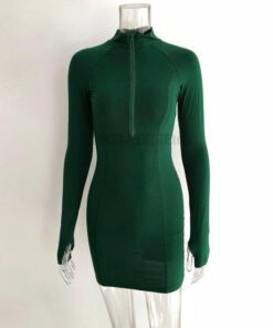 KGFIGU Long Sleeve Bodycon Dress For Women Zipper Casual Red Thumb Hole Mini Vestidos Lady Birthday Outfits Plus Size Shirts THUMB HOLE DRESSES Color: Dark Green Size: XL 