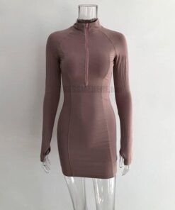 KGFIGU Long Sleeve Bodycon Dress For Women Zipper Casual Red Thumb Hole Mini Vestidos Lady Birthday Outfits Plus Size Shirts THUMB HOLE DRESSES Color: Taupe Size: XL 